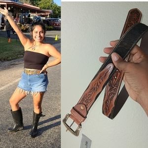 Brown Hand Tooled Leather and Dark Brown and White Cowhide Belt